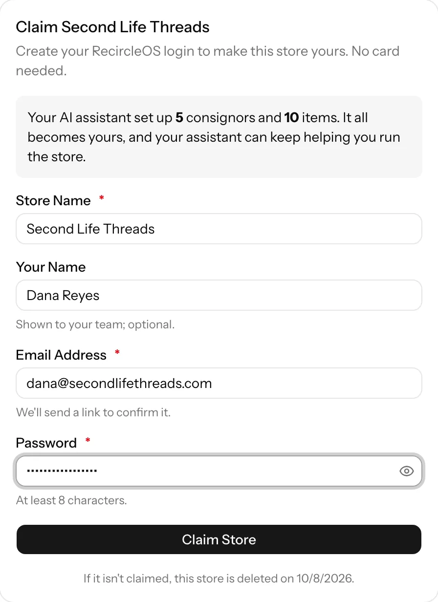 The claim page, prefilled with the shop name and owner email
