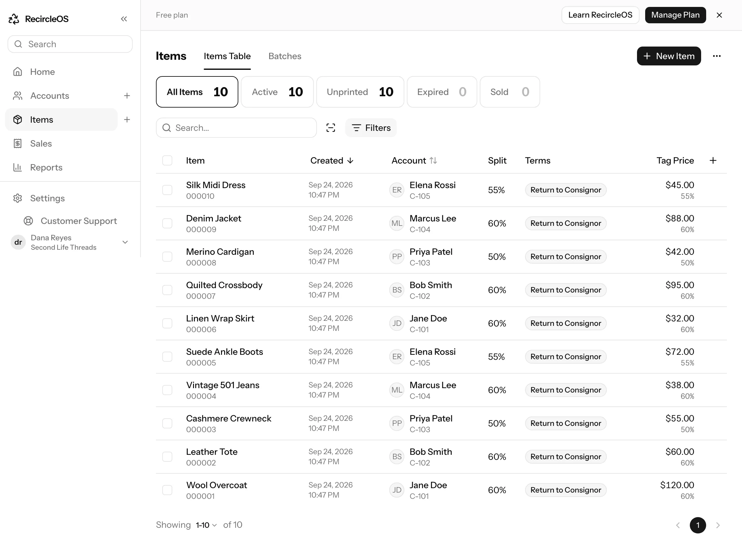 The RecircleOS items list with the migrated inventory
